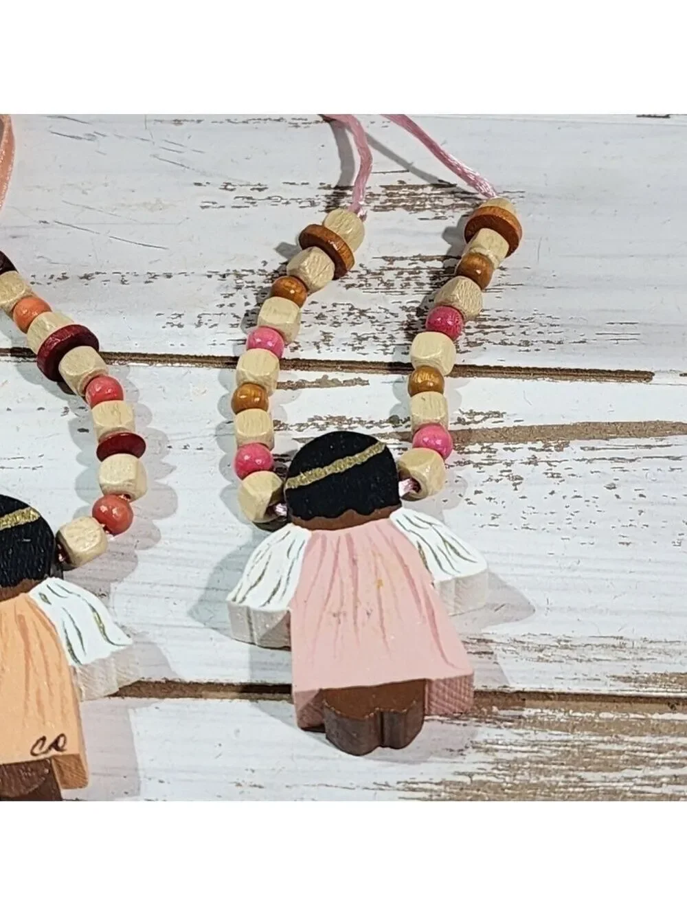 Handmade Handpainted praying Angel Holiday Christmas wood beaded necklace signed